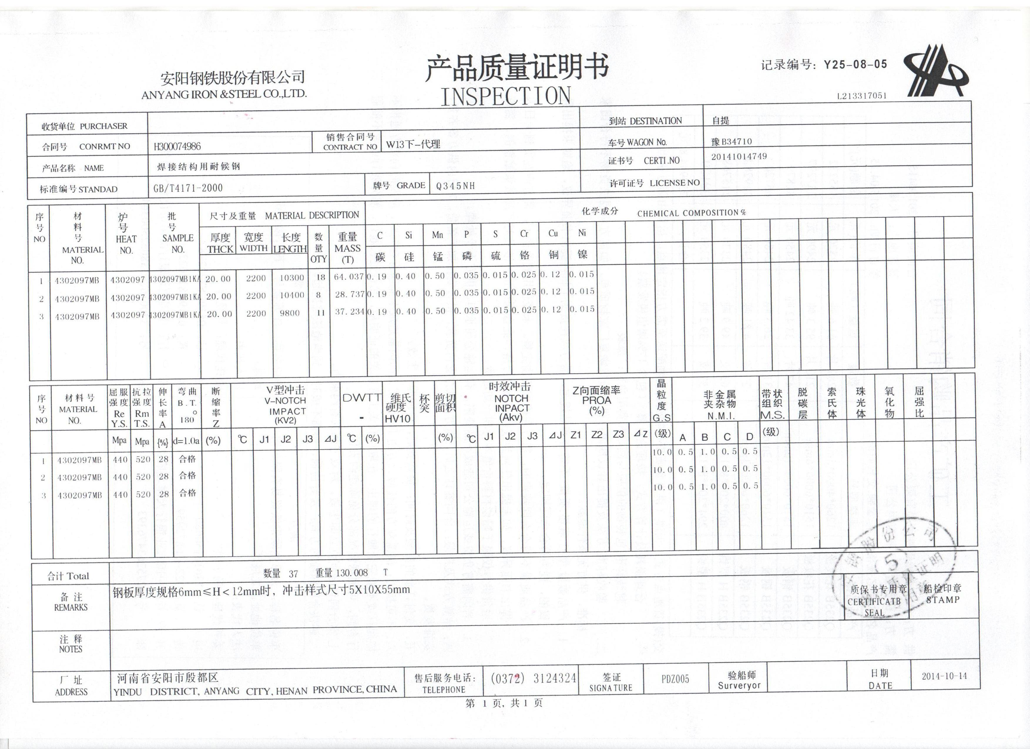 Q345NH Corten MTC